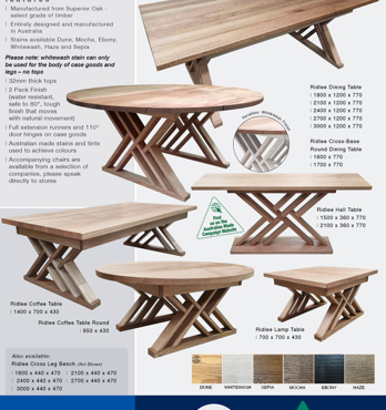 Ridlee Collection - Exclusive Harvey Norman.................Australian designed and made in regional Victoria, from Superior Oak (SO-Select grade of timber)................ Our RIDLEE collection has a 32mm top with its beautiful Image