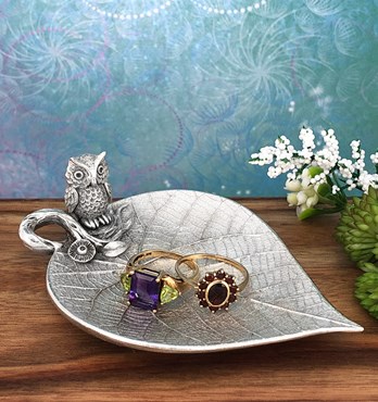 Owl on Leaf Trinket Dish for Tea Lights, Wedding Rings, Jewellery, Candy and Tea Bag Holder Image