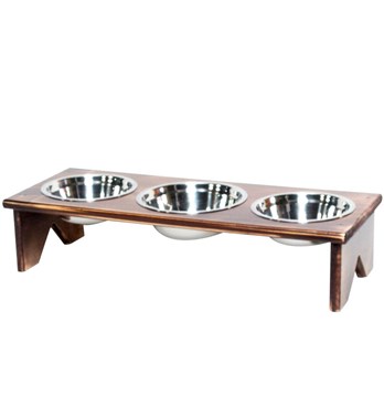 Dog Bowl and Cat Bowl Stand - Wooden - 3 Bowls - Bigger Middle Bowl - Two Food Bowls and Shared Water Bowl Image